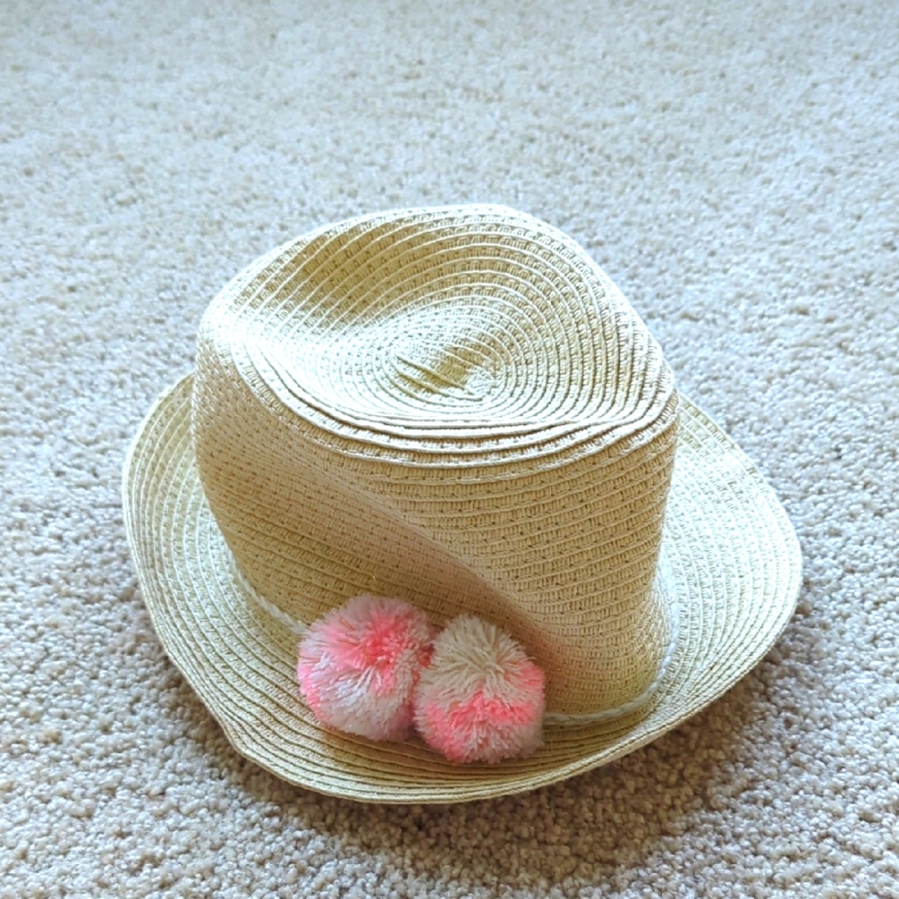 Toddler Girl, Stylish Tan Fedora with Pink Pom Poms